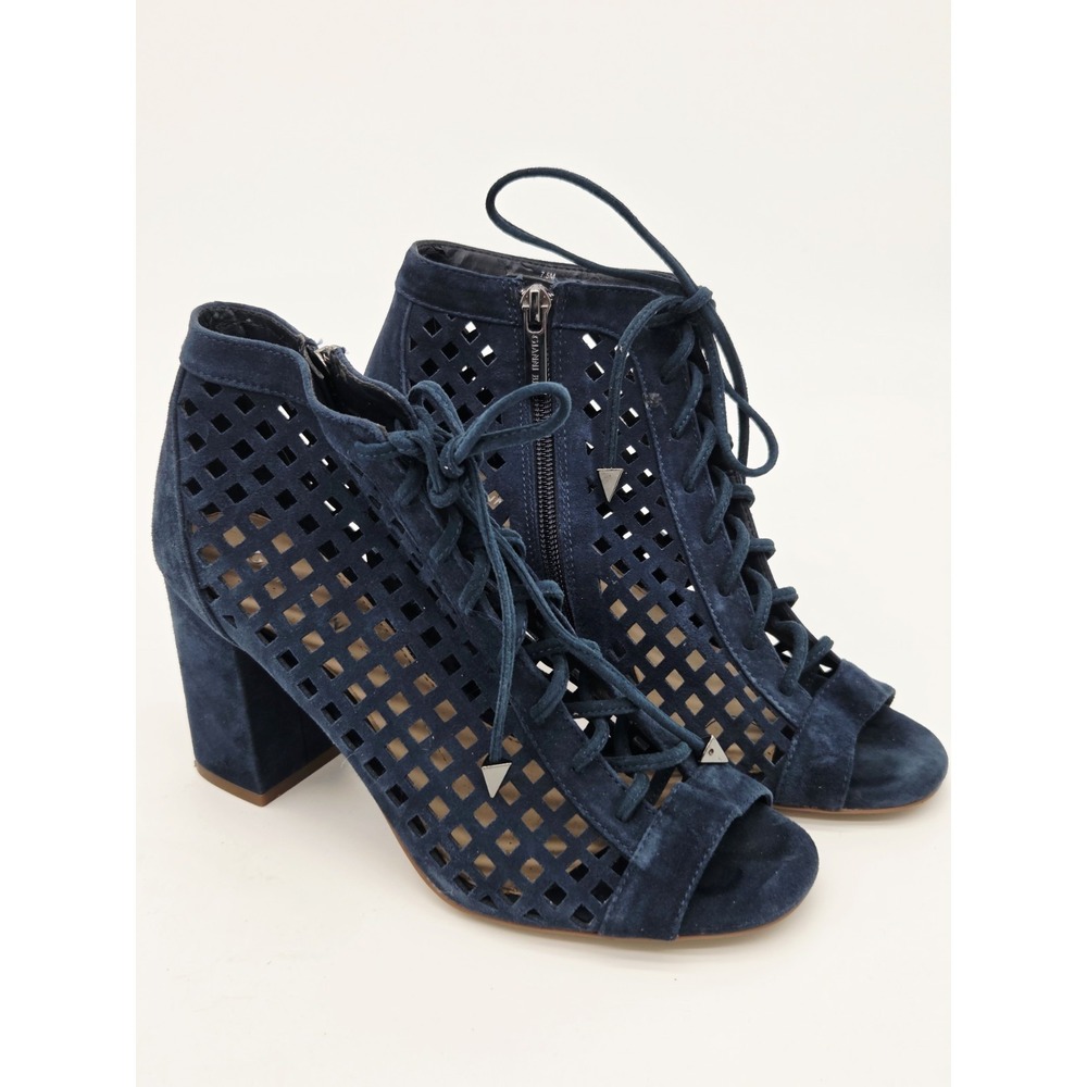 GIANNI BINI Shoes Womens Sz 7.5M Open Toe Navy Suede Cut Out Lace Up Booties